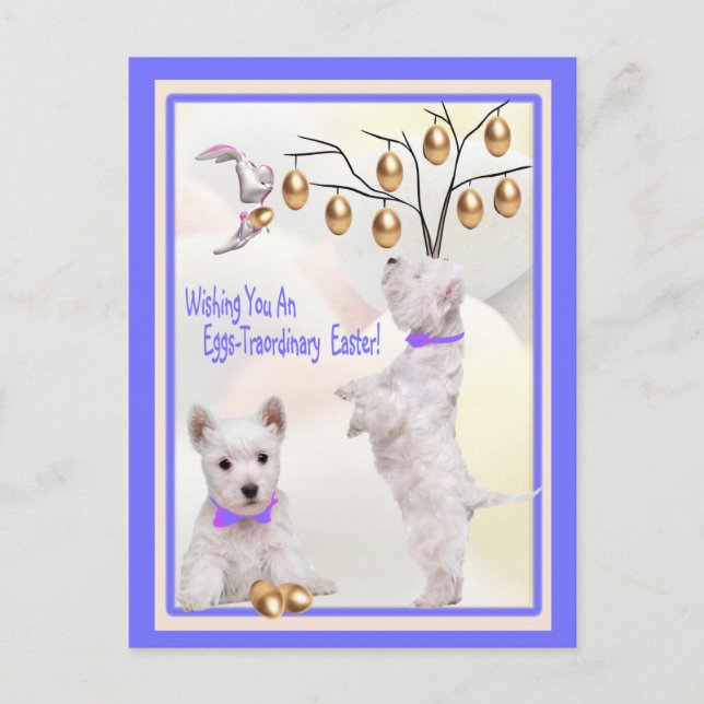 Cartão Postal De Festividades Westie Puppy Eggs -Traordinary Easter Wishes (Frente)
