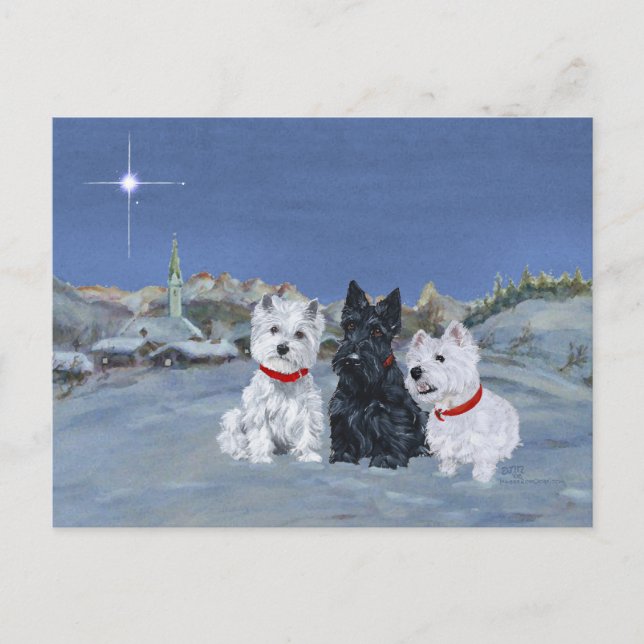 Cartão Postal De Festividades Westies e um Natal Scottie (Frente)