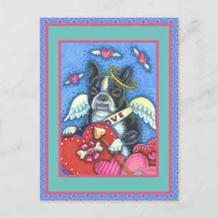 CARTÃO POSTAL DE FESTIVIDADES WHIMSICAL BOSTON TERRIER CUPID, CUTE DOG VALENTINE