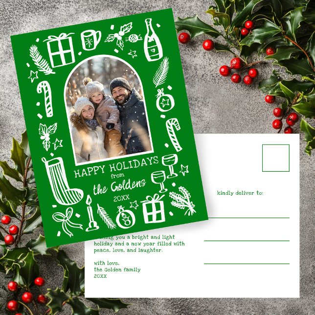 Cartão Postal De Festividades Whimsical Christmas  Cute Custom Arch PHOTO  (Whimsical Christmas Doodle Sketch Green White Cute Custom Arch PHOTO Holiday Postcard
)
