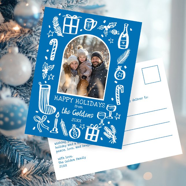 Cartão Postal De Festividades Whimsical Christmas  Cute Custom Arch PHOTO  (Whimsical Christmas Doodle Hand-drawn Cute Blue Custom Arch PHOTO Winter Holiday Postcard
)