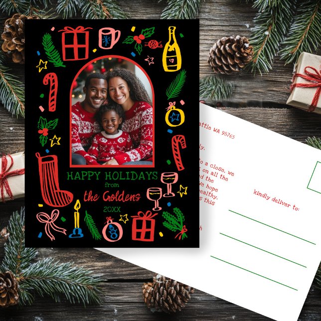 Cartão Postal De Festividades Whimsical Christmas  Cute Custom Arch PHOTO  (Whimsical Christmas Doodle Sketch Hand-drawn Cute Custom Arch PHOTO Holiday Postcard
)