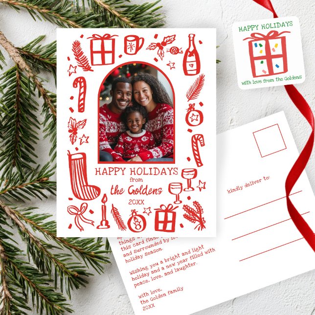 Cartão Postal De Festividades Whimsical Christmas  Cute Custom Arch PHOTO  (Whimsical Christmas Cute Doodle Sketch Custom Arch PHOTO Holiday Postcard
)