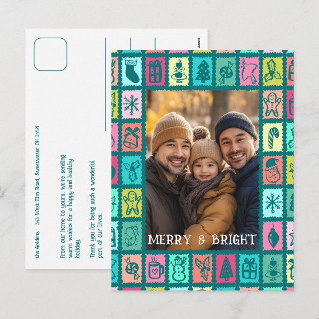 Cartão Postal De Festividades Whimsical Christmas Grid Cute Custom  (Frente/Verso)