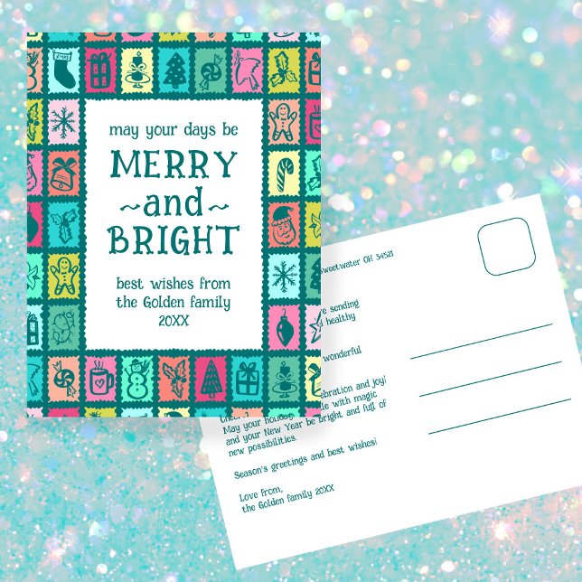 Cartão Postal De Festividades Whimsical Christmas Grid Cute Custom  (Whimsical Christmas Grid Cute Custom Non-photo Holiday Postcard
)