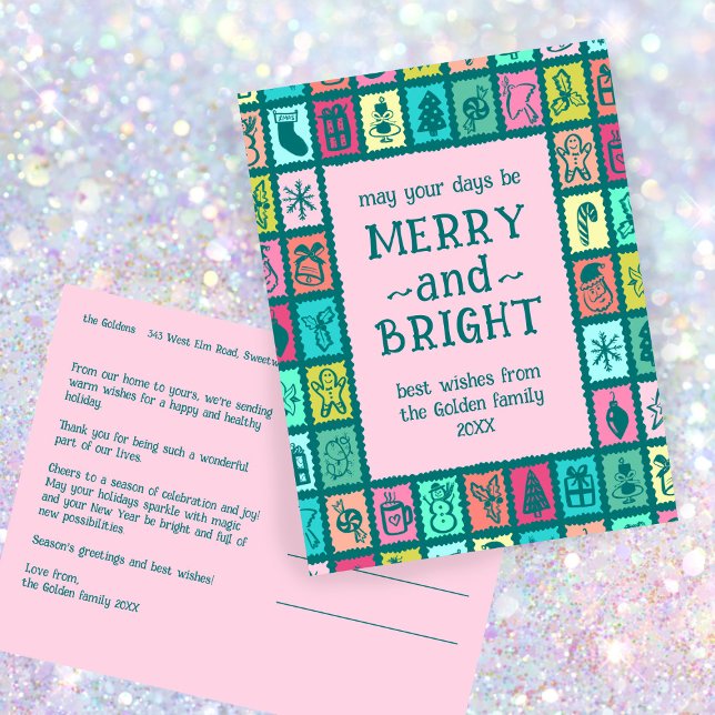 Cartão Postal De Festividades Whimsical Christmas Grid Cute Custom  (Whimsical Christmas Grid Cute Custom Colorful Merry Bright Non-Photo Holiday Postcard
)