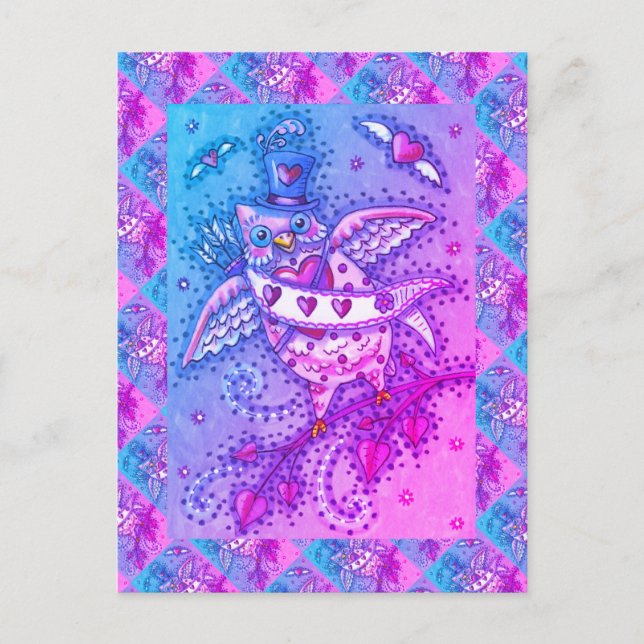 CARTÃO POSTAL DE FESTIVIDADES WHIMSICAL HOOOTS N' COARDAS CUPID OWL NAMORADOS (Frente)