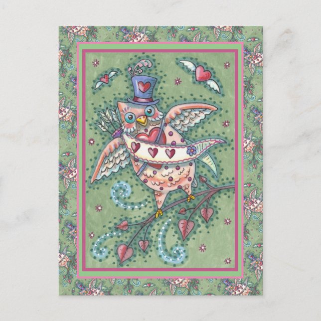 CARTÃO POSTAL DE FESTIVIDADES WHIMSICAL HOOOTS N' COARDAS CUPID OWL NAMORADOS (Frente)