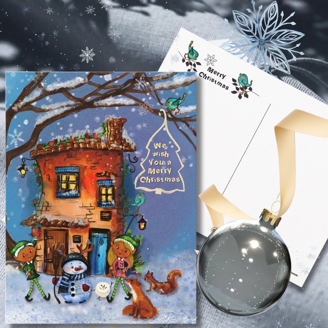 Cartão Postal De Festividades Whimsical House and Winter Woodland Friends  (Whimsical House and Winter Woodland Friends Holiday Postcard)