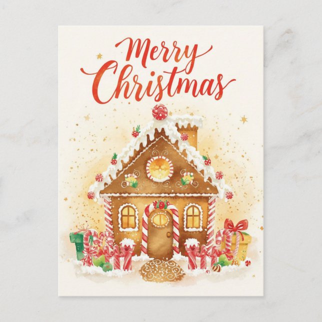 Cartão Postal De Festividades Whimsical Watercolor Gingerbread House (Frente)