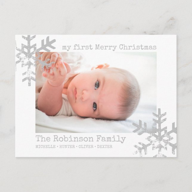 Cartão Postal De Festividades White Baby First Christmas Photo Snowflakes (Frente)