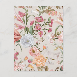 Cartão Postal De Festividades White Cats Pink Roses Floral Holiday Postcard