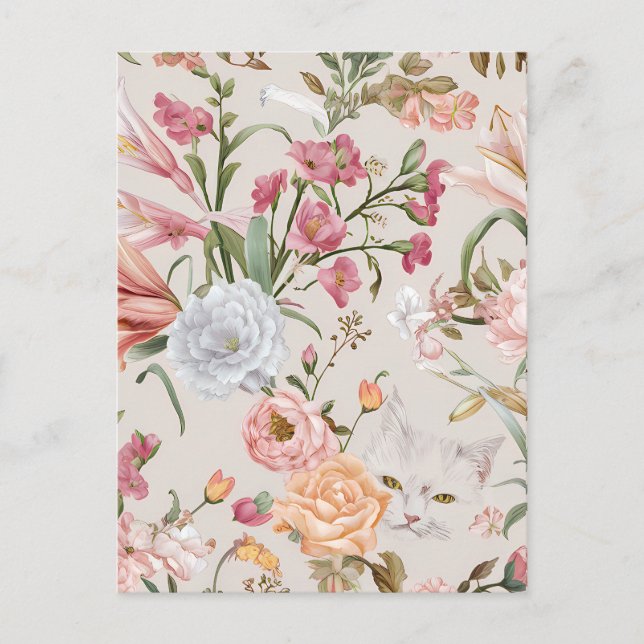Cartão Postal De Festividades White Cats Pink Roses Floral Holiday Postcard (Frente)