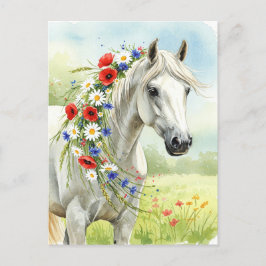 Cartão Postal De Festividades White Horse Wildflowers Watercolor Floral Postcard