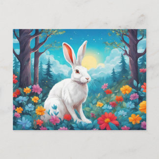 Cartão Postal De Festividades White Rabbit with Forest Flowers Nature 