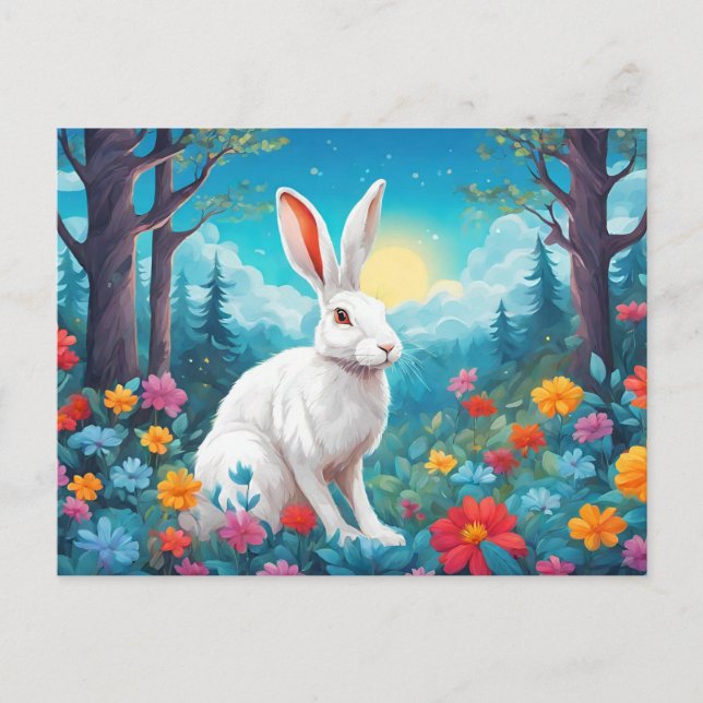 Cartão Postal De Festividades White Rabbit with Forest Flowers Nature  (Frente)