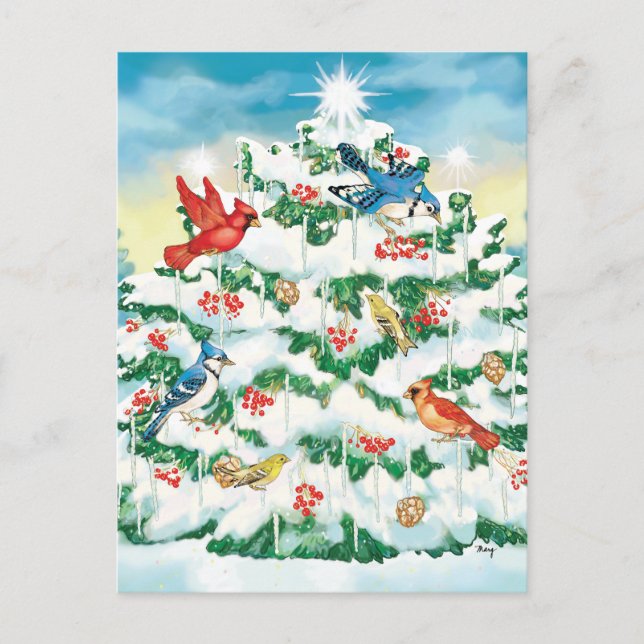 Cartão Postal De Festividades Wild Birds in Nature with Starlit Christmas Tree (Frente)