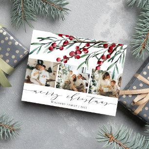 Cartão Postal De Festividades Winter Berry Script Christmas Three Photo