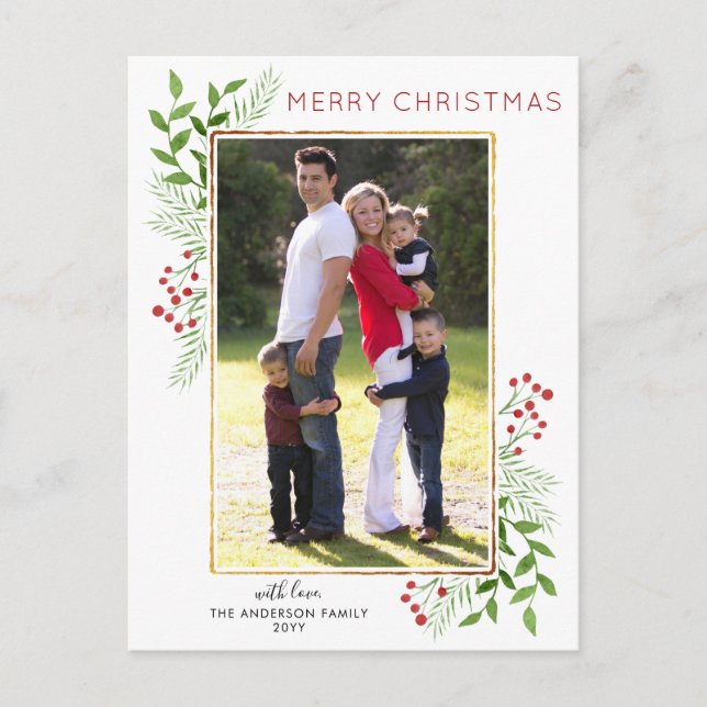 Cartão Postal De Festividades Winter Deixa Foliage Berry Feliz Foto de Natal (Frente)