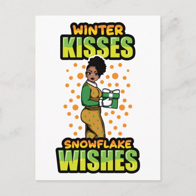 Cartão Postal De Festividades Winter Kisses Snowflake Deseja Mulher Negra Sista (Frente)