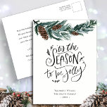 Cartão Postal De Festividades Winter Nature | Watercolor Pine Cone Christmas<br><div class="desc">Send holiday greetings to friends and family in simple, cute, chic, elegant and modern non-photo design festive, natural nature color style holiday postcards! A beautiful wreath frame of soft green painted watercolor pine tree leaves featuring pretty brown pine cones in front. The middle features the greeting " tis the season...</div>