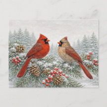 Winter Watercolor Red Cardinal Pair on Snowy Pine