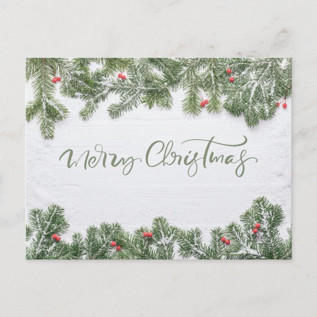 Cartão Postal De Festividades Winter Wonderland Merry Christmas Calligraphy Pine (Frente)