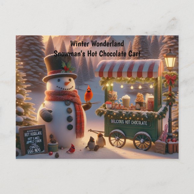 Cartão Postal De Festividades Winter Wonderland Snowman's Hot Chocolate Cart (Frente)