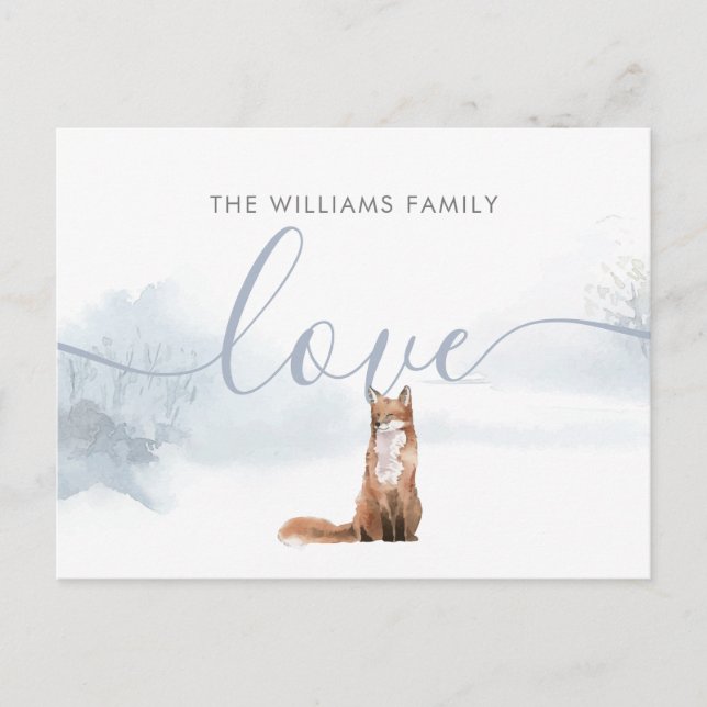 Cartão Postal De Festividades Winter Woodland Fox Family Name Script Love (Frente)