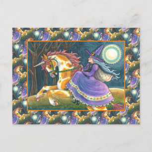 Cartão Postal De Festividades WITCH & HALLOWEEN UNICORN, BLACK CAT Fantasy Horse
