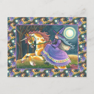 Cartão Postal De Festividades WITCH & HALLOWEEN UNICORN, BLACK CAT Fantasy Horse