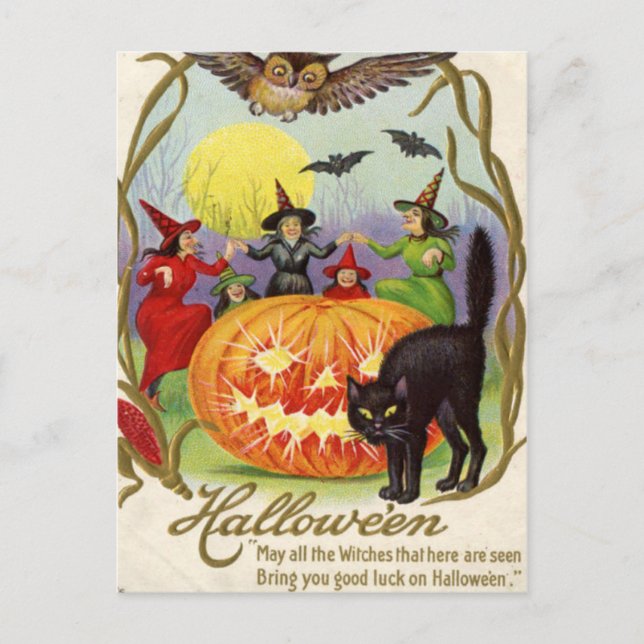 Cartão Postal De Festividades Witches Dancing Around Jack O' Lantern (Frente)