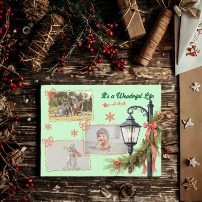 Cartão Postal De Festividades Wonderful life three photo green Christmas  (Criador carregado)