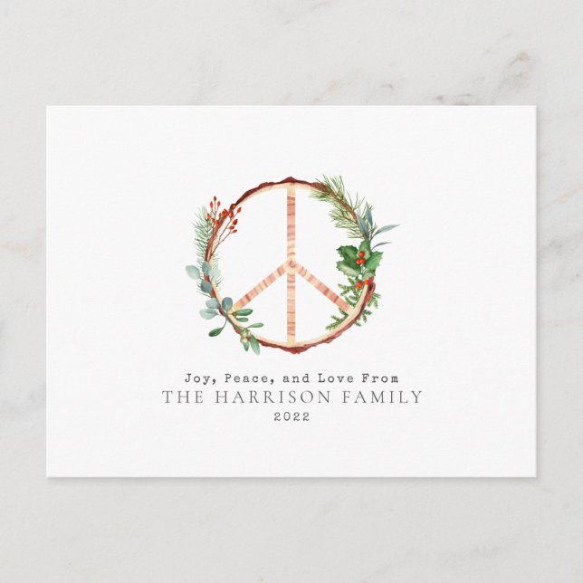 Cartão Postal De Festividades Wooden Botanical Peace Sign Love Joy Christmas (Frente)