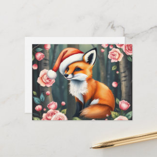 Cartão Postal De Festividades Woodland fox in Christmas hat holiday postcard