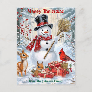 Cartão Postal De Festividades Woodland Snowman   Natal da família personalizada