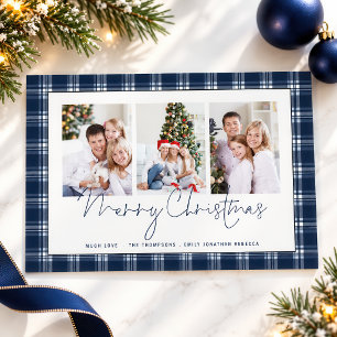 Cartão Postal De Festividades Xadrez Azul Marinho Tartan 3 Fotos Feliz Natal