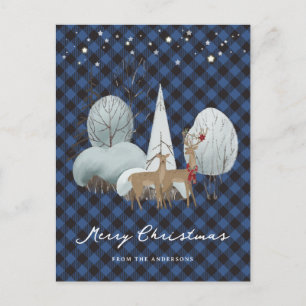Cartão Postal De Festividades Xadrez Azul Reindeer Natal