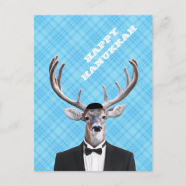Cartão Postal De Festividades Xadrez feliz do azul dos cervos de Hanukkah do