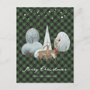 Cartão Postal De Festividades Xadrez Verde Estrelas Reindeer Feliz Natal