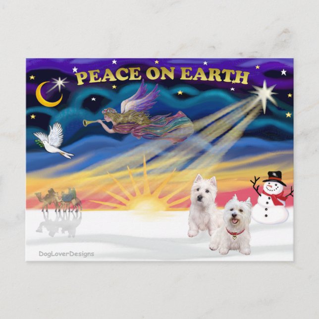 Cartão Postal De Festividades Xmas Sunrise - Two West Highland Terriers (Frente)