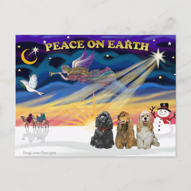 Cartão Postal De Festividades XmasSunrise-3 Cocker Spaniels (Frente)