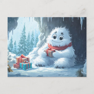 Cartão Postal De Festividades Yeti Adorável com Presentes de Natal em uma Cavern