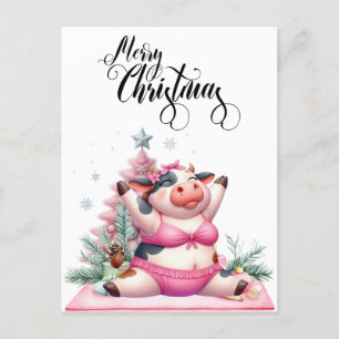 Cartão Postal De Festividades Yoga Vaca com Decoração de Natal