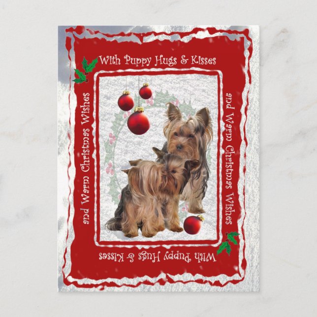 Cartão Postal De Festividades Yorkie Christmas Puppy Hugs and Kisses Postcard (Frente)