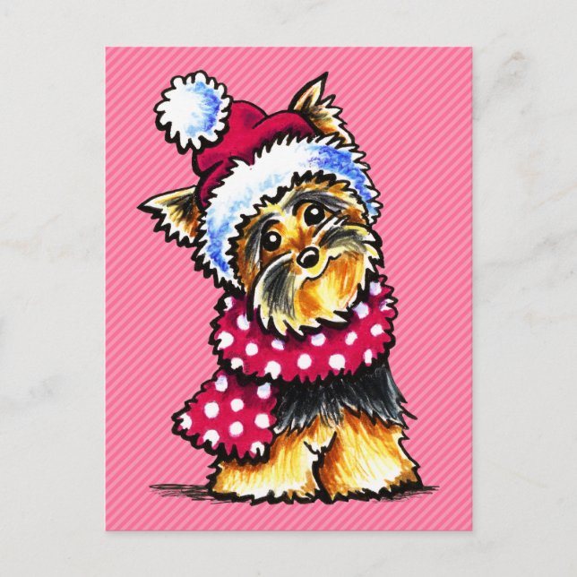Cartão Postal De Festividades Yorkie Winter Scarf Polka Dots (Frente)