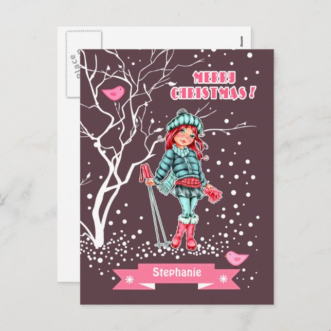 Cartão Postal De Festividades Young Girl Skier | Nome personalizado Natal (Frente/Verso)