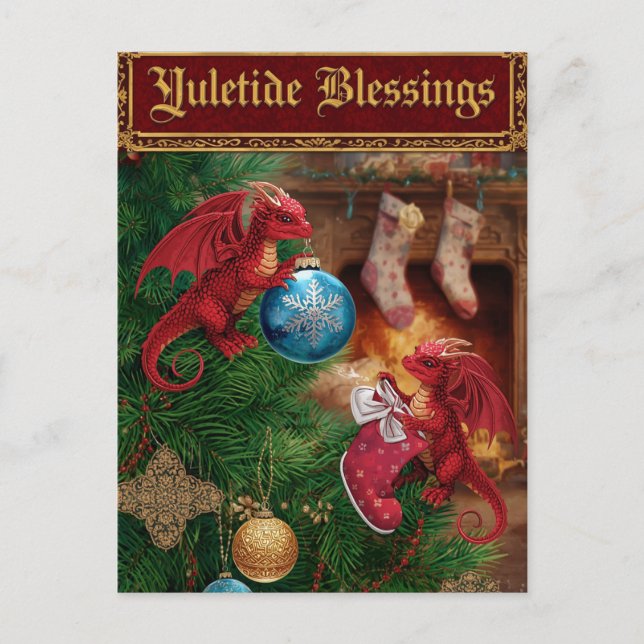 Cartão Postal De Festividades Yuletide Blessings Fantasy Dragon (Frente)
