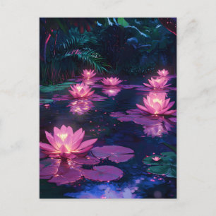 Cartão Postal De Festividades Zen à Meia-Noite Natureza Lago de Lótus Rosa