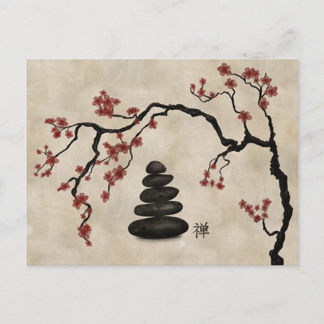 Cartão Postal De Festividades Zen Stones Sakura Tree (Frente)